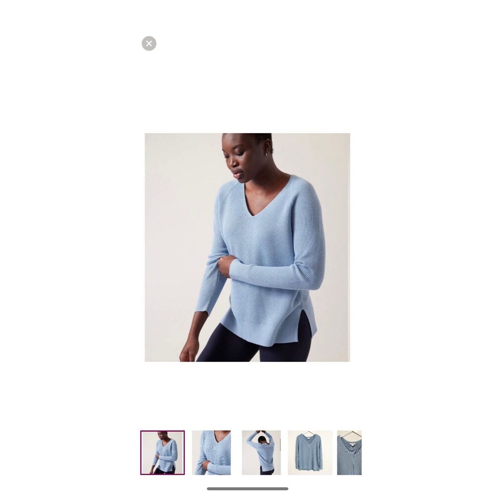 Athleta Hanover Refined Merino Wool V-Neck Sweater Pullover Blue Ribbed Size S